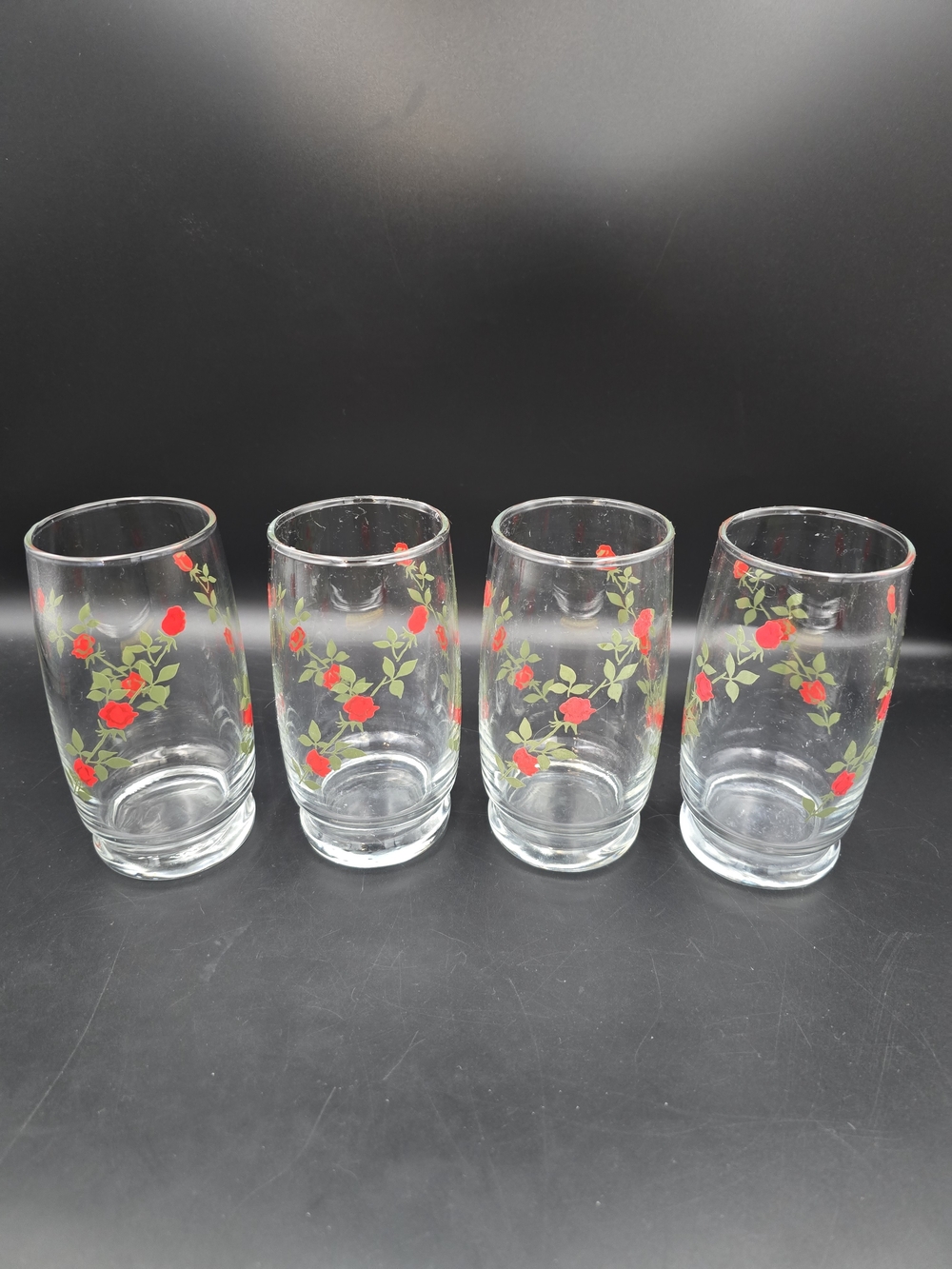 Anchor Hocking Clear Tumblers with Red Floral and Green Leaf Design - Set of 4